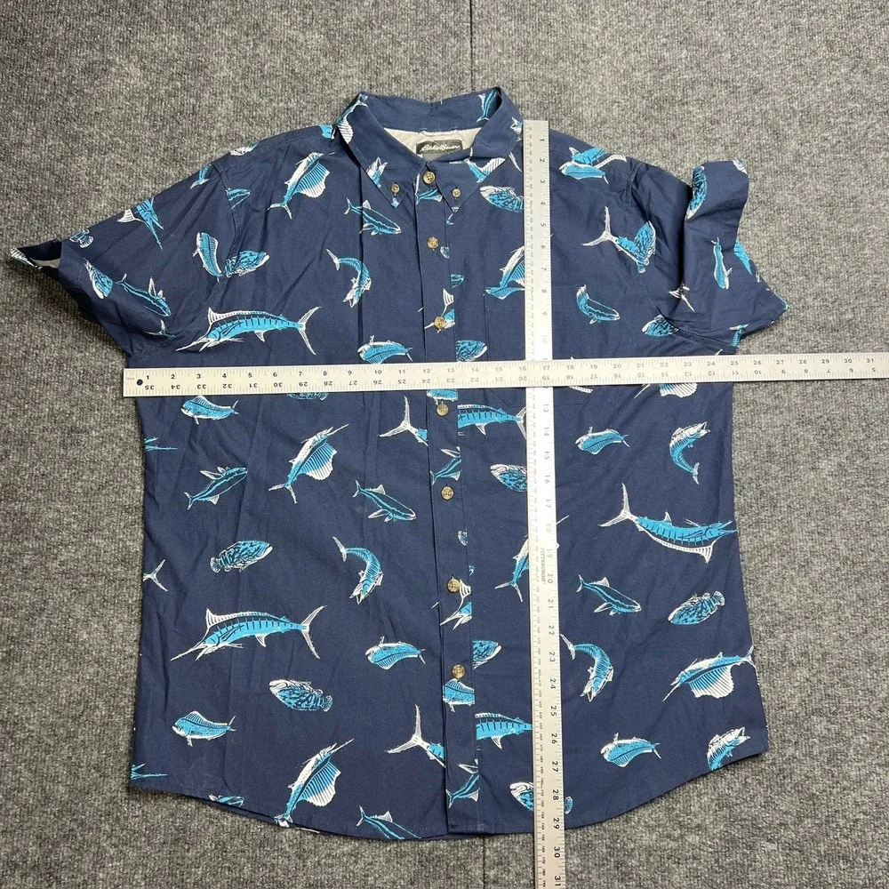 NWT Eddie Bauer Mens Large Marlin Fish Print Short Sleeve Button Down Shirt Blue